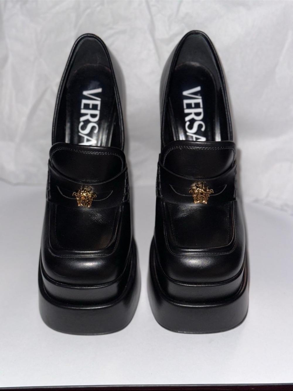 Versace Black Leather Platform Loafers with Gold Medusa Detail